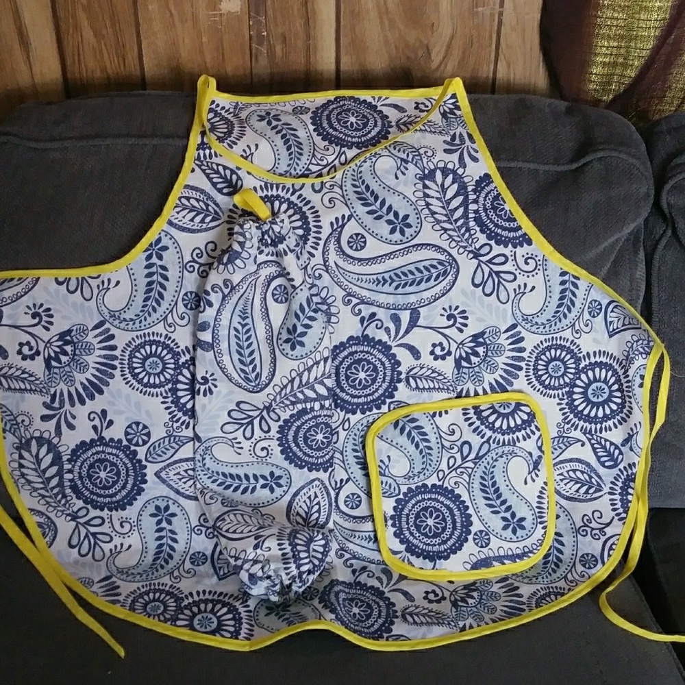 Aprons pot holders and grocery bag holders etc.